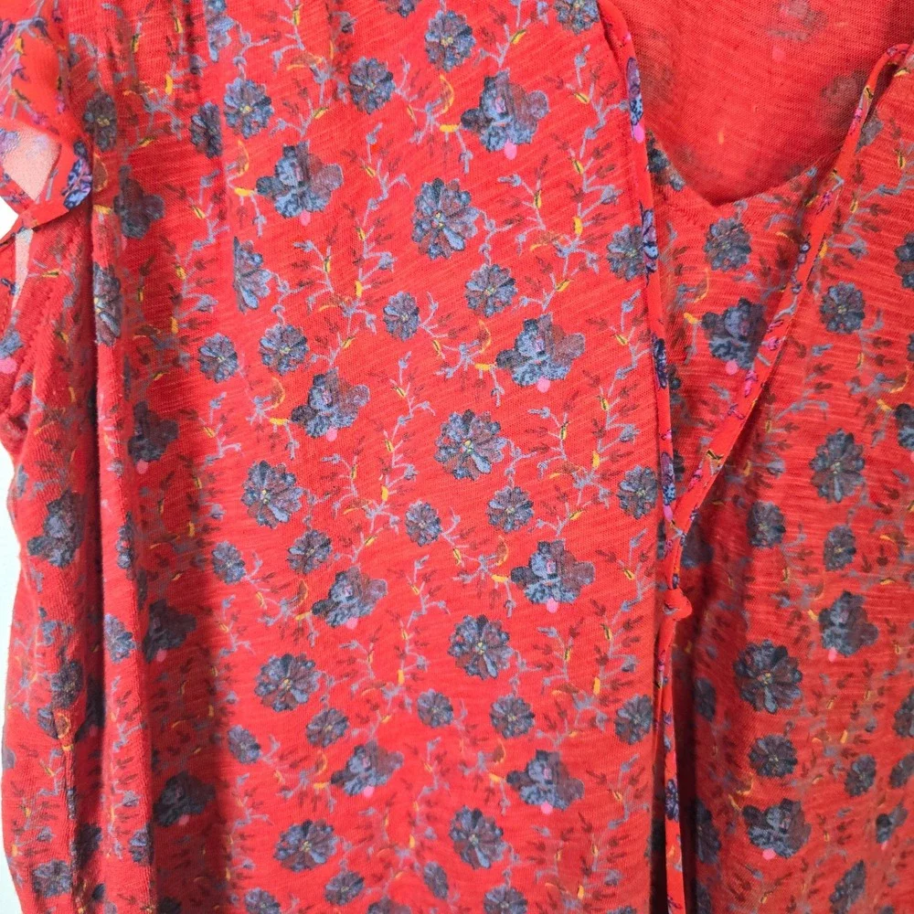 Lucky Brand Womens Red Floral Ruffle Cap Sleeve Boho V-Neck Top Medium - Picture 3 of 5